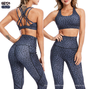 High Quality Plus Size Women Workout Sets Back Cross Strappy Two Piece Sports Bra Set Breathable Leopard Yoga Set